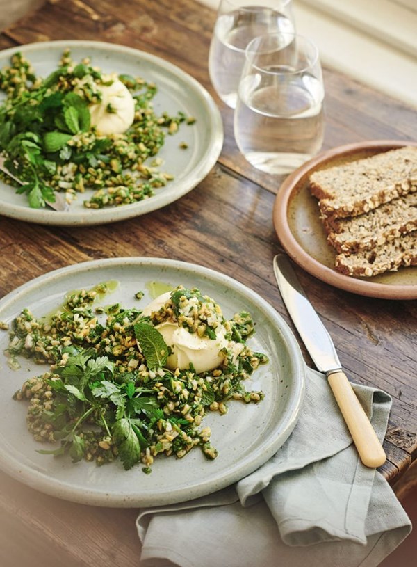 Burrata and green farro with green olive and mint salsa