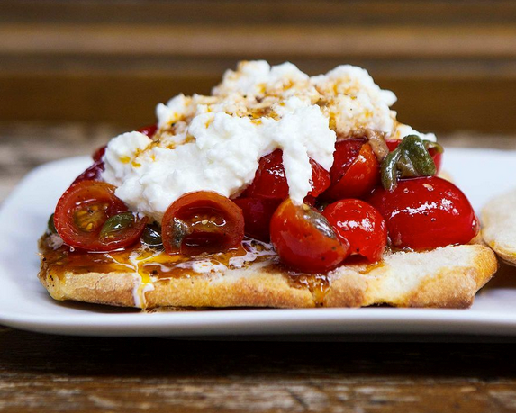 Burrata and marinated cherry tomato sandwiches