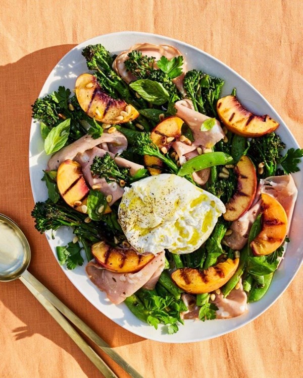 Burrata and mortadella salad with charred nectarines and long-stem broccoli