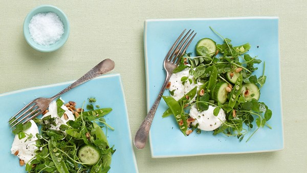 Burrata and pea salad with pine nuts and basil