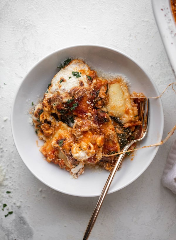 Burrata baked ravioli with spinach