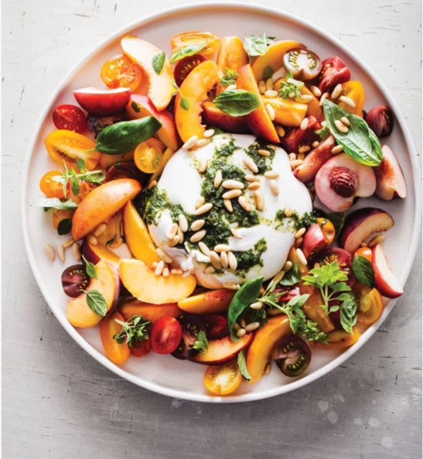 Burrata Caprese with peaches, tomato, and basil