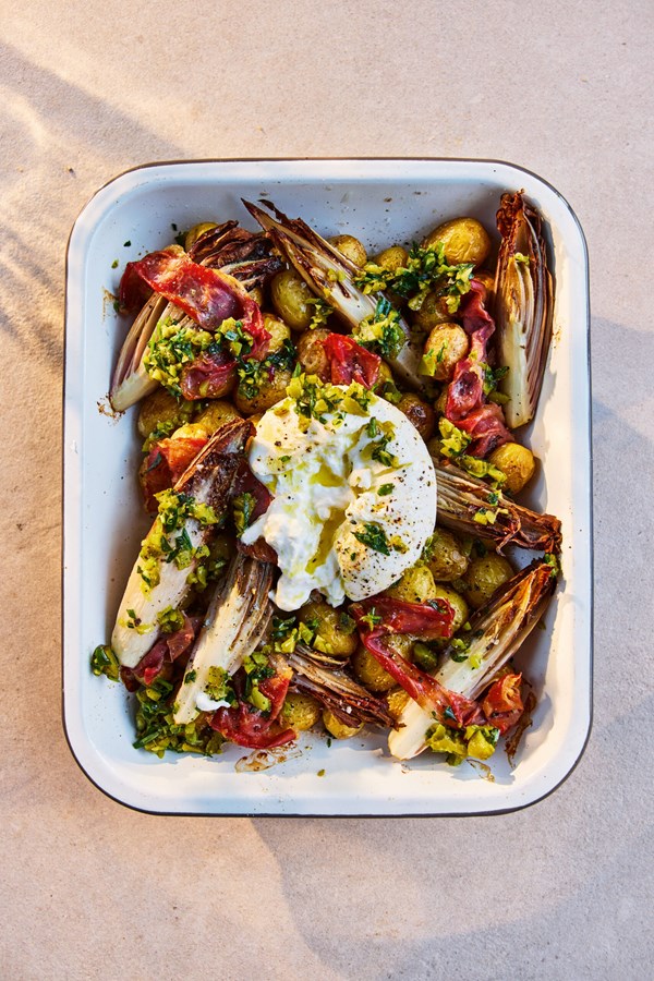 Burrata, cornichon + potato bake