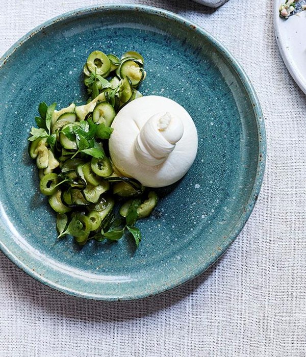 Burrata, preserved zucchini, green olives and lovage