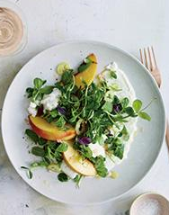 Burrata salad with peaches, pickled pepper and pea tendrils