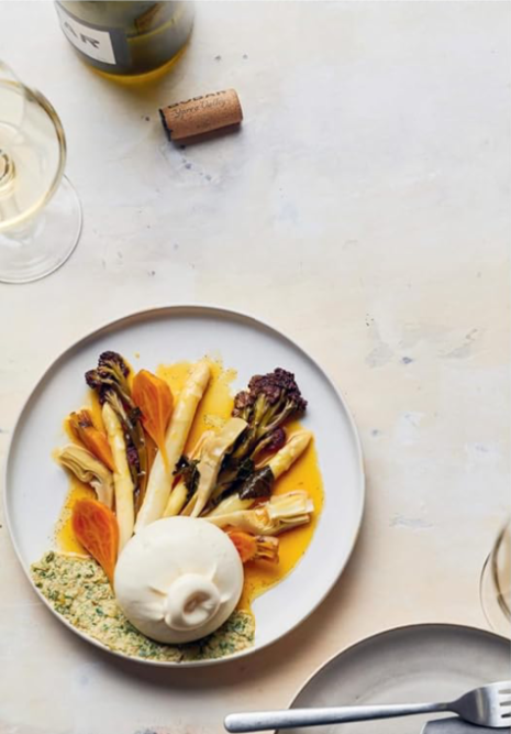 Burrata, spring vegetables, walnut and green chilli