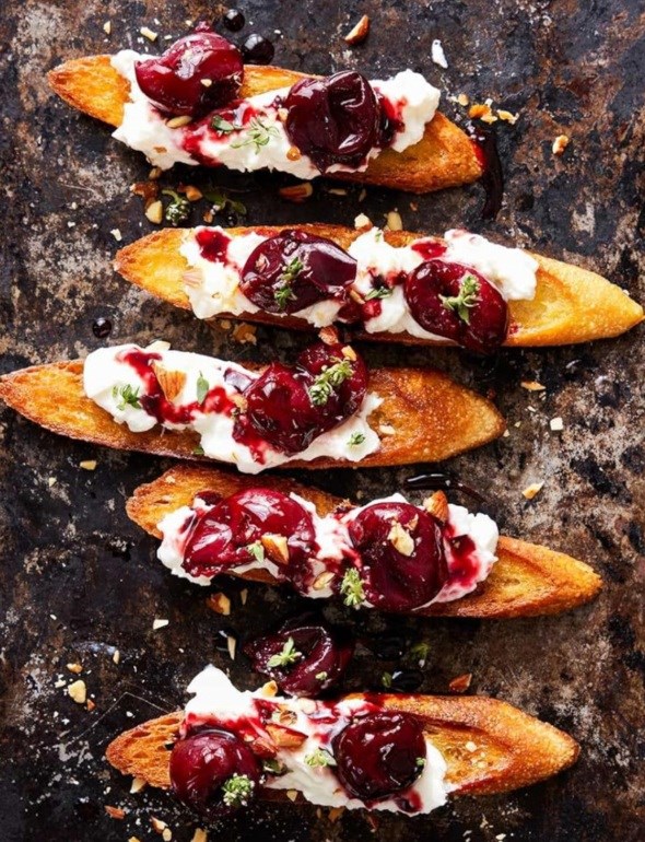 Burrata toasts with balsamic cherries
