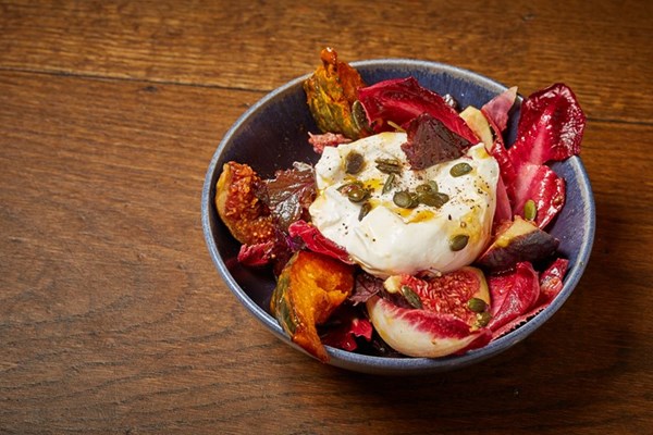 Burrata with black figs, Delica pumpkin and chicory