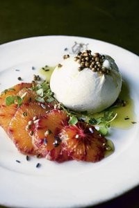 Burrata with blood orange, coriander seeds and lavender oil