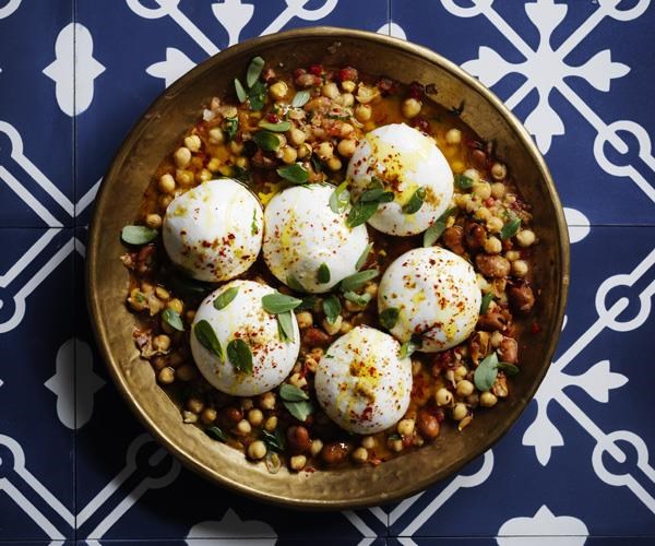 Burrata with broad bean and chickpea stew (Ful medames)