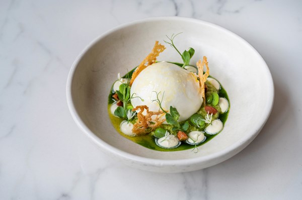 Burrata with broad bean pesto, basil, preserved lemon and confit almonds