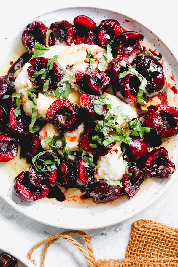 Burrata with brown butter, lemon, and cherries