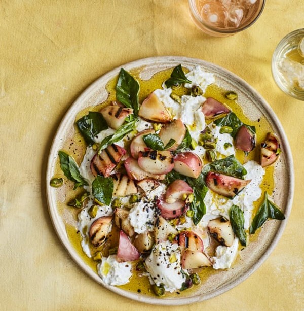 Burrata with burnt peaches and basil