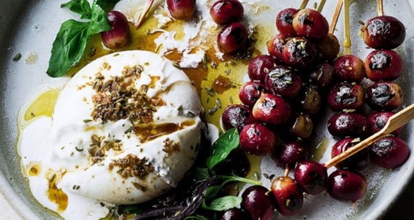 Burrata with chargrilled grapes and basil