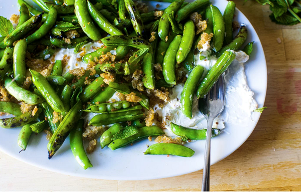 Burrata with charred and raw sugar snap peas