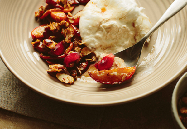 Burrata with cherries and balsamic roasted peaches