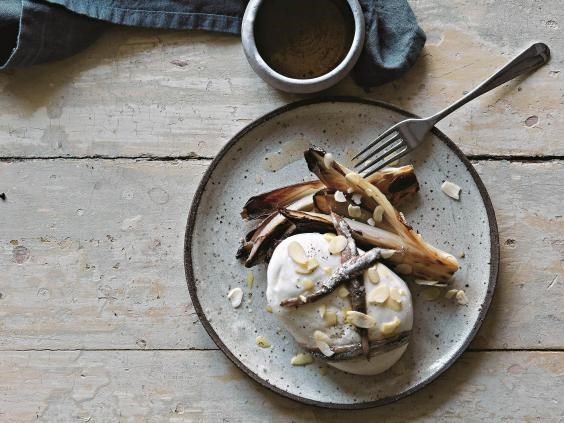 Burrata with chicory, anchovies and almonds