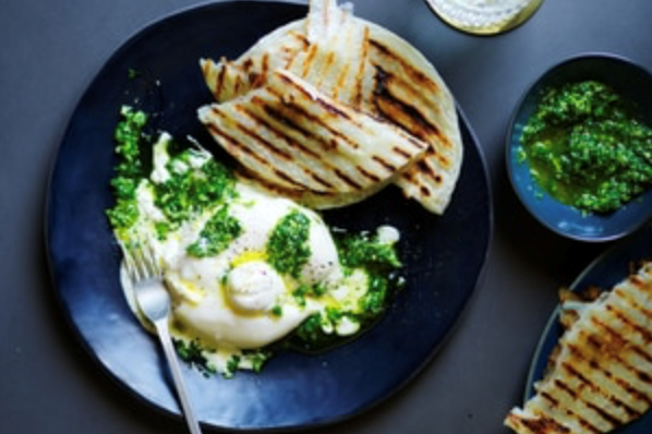 Burrata with coriander relish and charred roti