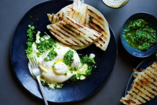 Burrata with coriander relish and charred roti