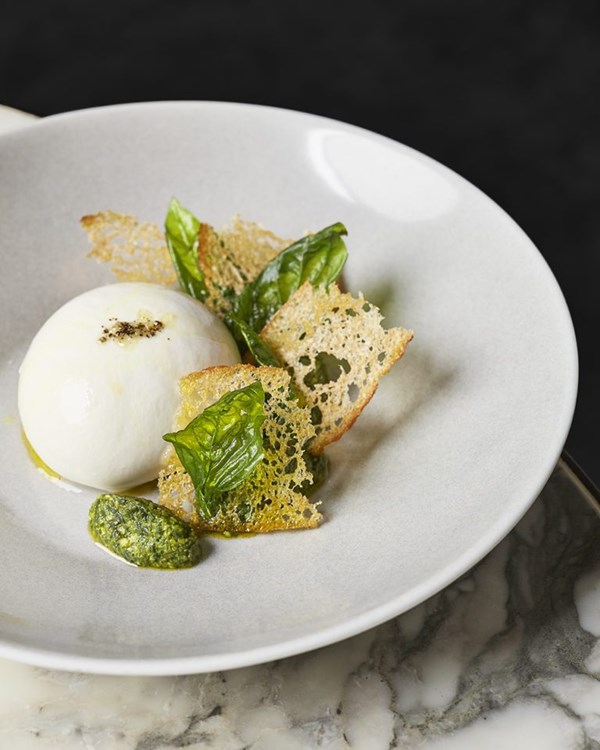 Burrata with croutons and nettle & basil pesto 