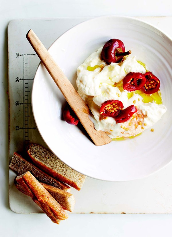 Burrata with hot pickled peppers