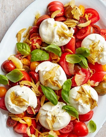 Burrata with lemon and olive jar dressing and tomato salad