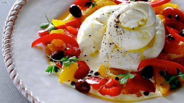Burrata with peppers, olives and capers