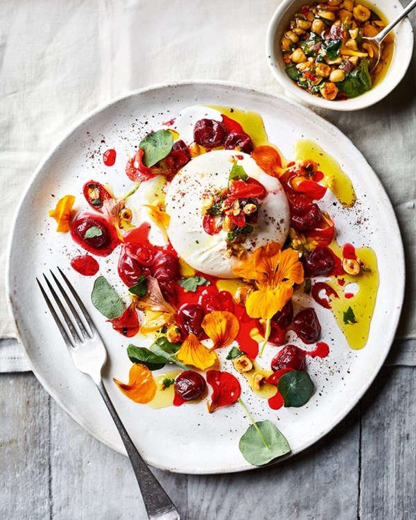 Burrata with pickled cherries hazelnuts and nasturtium [Ambra Papa]