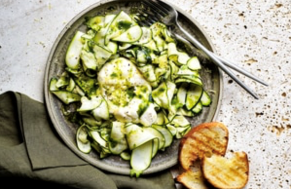 Burrata with pickled zucchini and basil oil