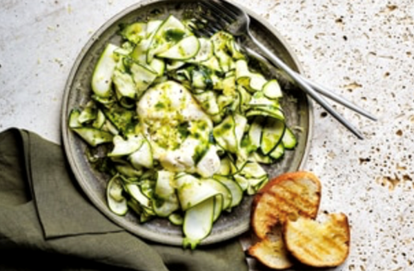 Burrata with pickled zucchini and basil oil