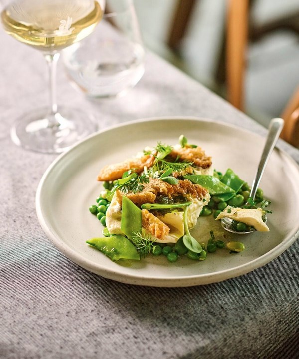 Burrata with pods, kawakawa pesto & sourdough croutons [Norka Mella Muñoz]