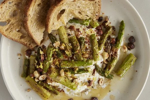 Burrata with roasted asparagus, brown butter & hazelnuts