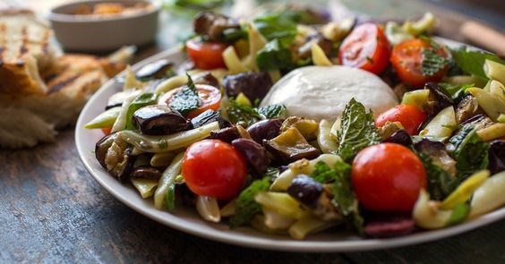 Burrata with romano beans and roasted eggplant