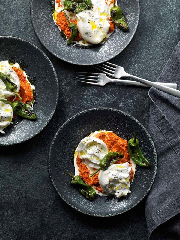 Burrata with romesco sauce and grilled Padron peppers