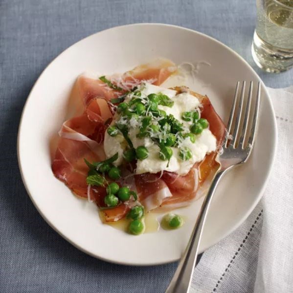 Burrata with speck, peas, and mint [Nancy Silverton]
