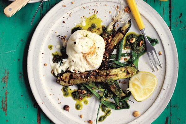 Burrata with spring onion, zucchini and salsa verde