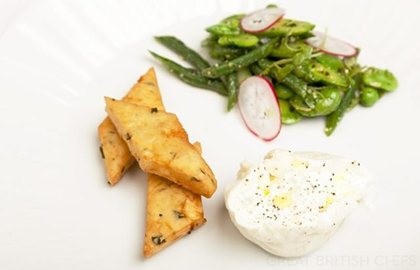 Burrata with summer salad and chickpea fritters