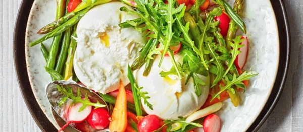 Burrata with sweet and sour spring veg