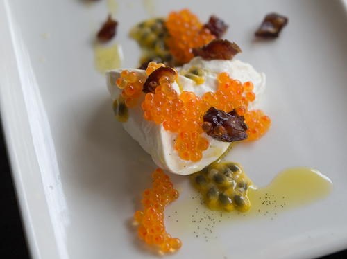 Burrata with trout caviar, passion fruit, vanilla, and dates