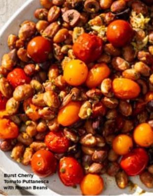 Burst cherry tomato puttanesca with Roman beans