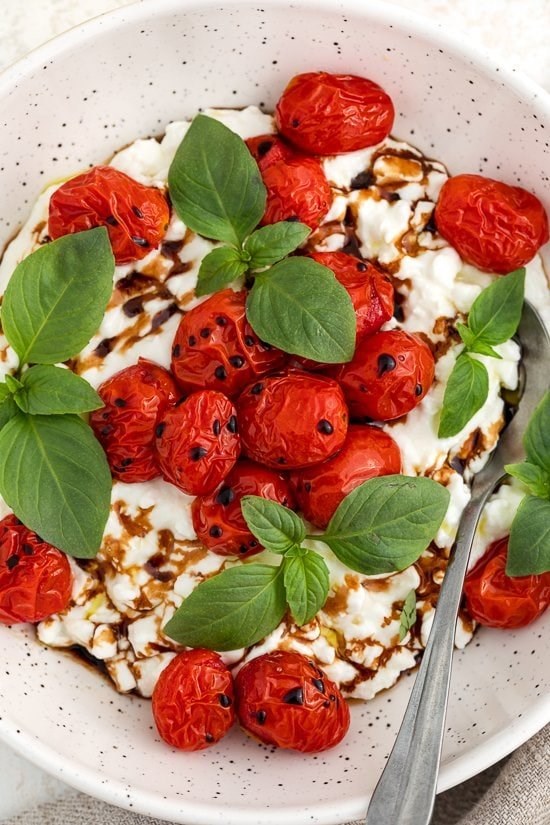 Burst tomato cottage cheese Caprese bowl