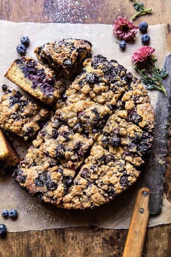 Bursting blueberry cardamom buckle