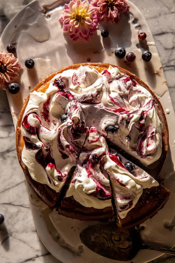 Bursting blueberry ricotta pudding cake