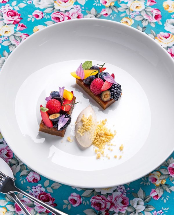 Bush honey & hazelnut tart, citrus labne & fresh berries