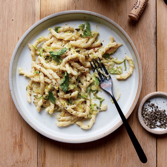 Busiate with Brussels sprouts, mint and two cheeses