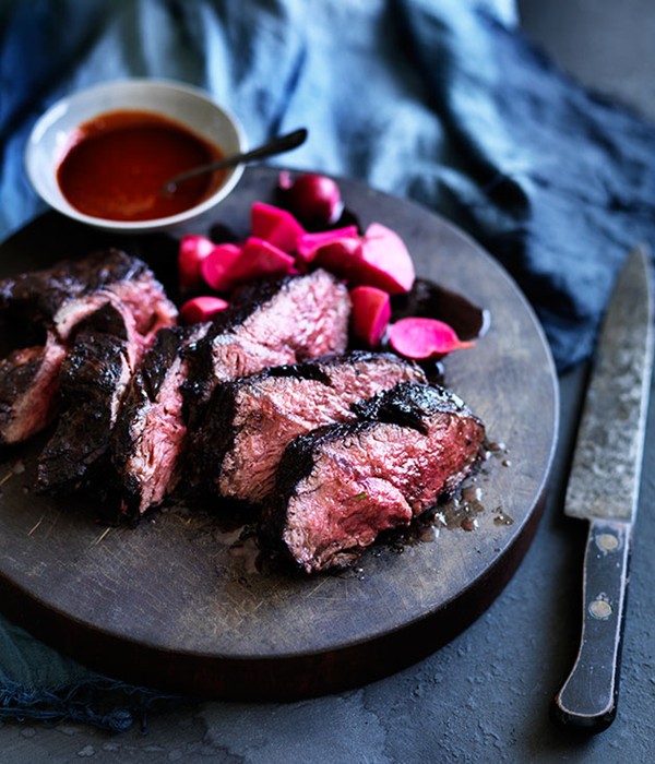 Butcher's steak with fermented radishes and Korean hot sauce