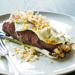 Butler's steak with charred spring onions, panna gratta and kohlrabi