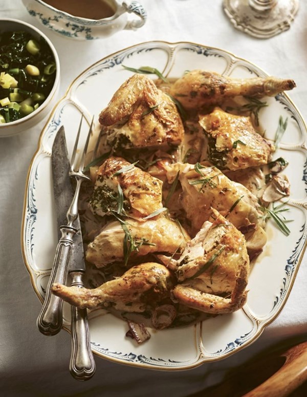 Butter & sage roast chicken with mushrooms & tarragon cream sauce