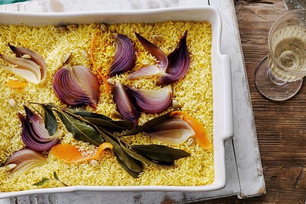 Butter baked pilaf with saffron and cardamom