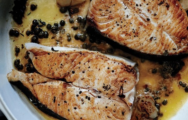 Butter-basted halibut steaks with capers